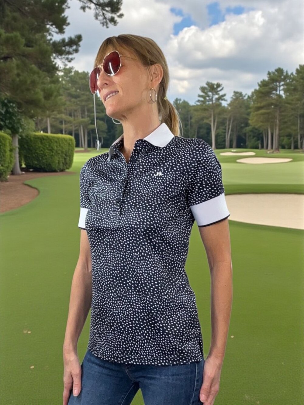 J. Lindeberg Lexie-TX Coolmax Polo Shirt S Blue Polka Dot Golf Tennis